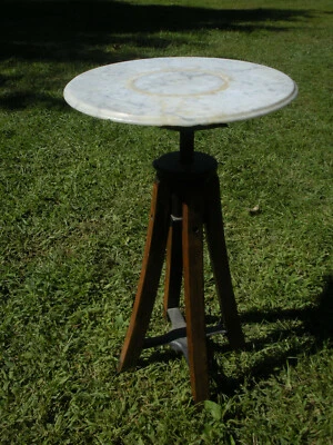 Vintage Antique Marble Top Industrial Metal Oak Wood Plant Stand Adjustable 15" - Image 1 of 4
