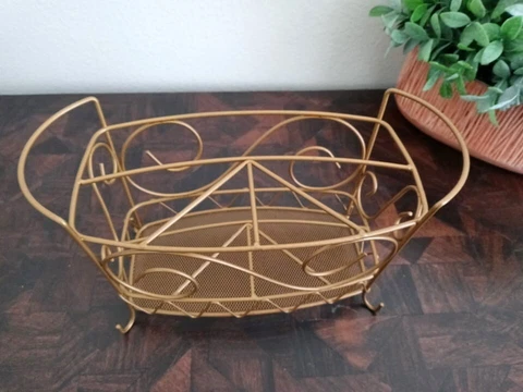 Vintage Open Weave Caddy Basket Gold Wire Hollywood Regency Basket for Decor Cover