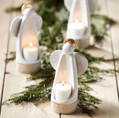 NEW! Angel Votive Candle Holder Hand-Painted Speckle Glazed Finish Gold Details - Image 1 of 2