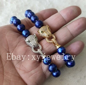 Cultured 10-11mm blue fresh water pearl bracelet 7.5 inch Leopard head clasp - Picture 1 of 14