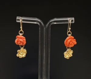 Orecchini donna rose corallo naturale pendenti argento 925 placcato oro giallo - Foto 1 di 10