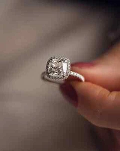 1.80Ct Cushion-Cut Real Moissanite Halo Engagement Ring 14k White Gold Over - Picture 1 of 4