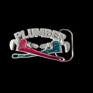 Vintage 1980 Plumber Belt Buckle Pipe Wrench Pewter USA Handyman Gift - Picture 1 of 6
