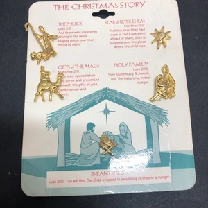 Vtg The Christmas Story Nativity Gold Toned Lapel Pin Set of 5 NOS on Card - Picture 1 of 7