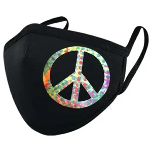 Peace Sign Hippie 70's Boho Printed Black Cloth Mask - Picture 1 of 1