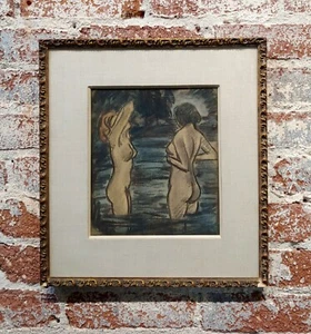 Max Thalmann 1930s "Naked Beauties" bathing outdoors- Painting - Picture 1 of 7