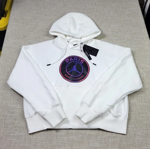 NIKE Air Jordan Womens Paris Saint Germain Logo Pullover Hoodie White Black M Cover