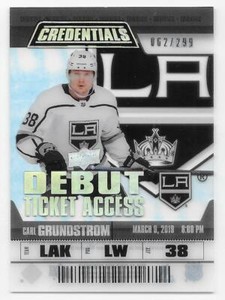 19/20 UPPER DECK CREDENTIALS DEBUT TICKET ACCESS ACETATE Carl Grundstrom #62/299