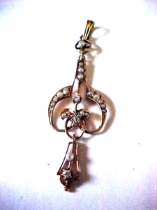 Edwardian 14K Yellow Gold Diamond & Seed Pearl Pendant - Picture 1 of 4