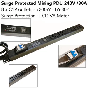 Rackmount Mining PDU 220V 240V 30A VA Meter 8x C19 L6-30P Plug Surge Protector - Picture 1 of 14