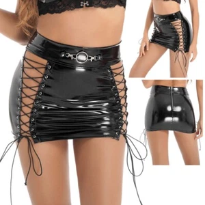 Minigonna donna lattice cavo stringata gotica bagnata pelle gonna a matita - Foto 1 di 20