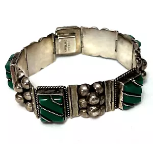 Bracciale Vintage Argento Sterling MESSICO Pannello Onice Verde 7" Statement - Foto 1 di 18