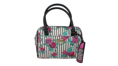 Luv Betsey Johnson Flowered Satchel Crossbody Bag Pink Black Striped - Image 1 of 4