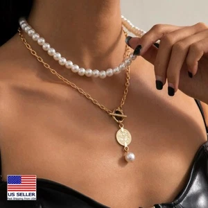 Fashion Women Jewelry Necklace Double Layer 8mm Pearl OT Choker Pendant 0693 - Picture 1 of 5