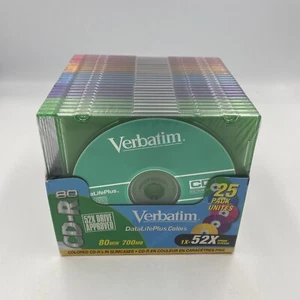 Verbatim 25 paquetes colores CD-R discos en blanco 80 min 700 mb 52x velocidad estuches súper delgados - Imagen 1 de 6