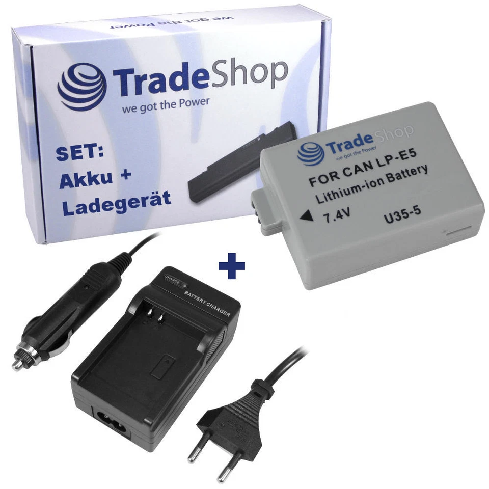 TRADE-SHOP 2in1 Set: Li-Ion Akku 1200mAh + Ladegerät für Canon EOS 1000D, Kiss F, Rebel XS