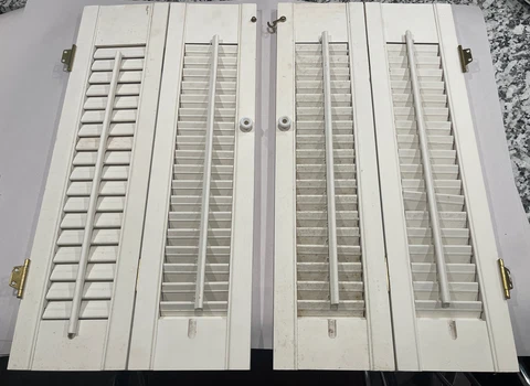 PAIR Vintage White Wooden Bi-Fold Louvered Shutters 12” X 24”, 4 panels, Used Cover