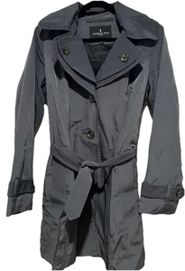 Gabardina London Fog para mujer con cinturón botón delantero gris capucha mediana hasta la rodilla - Imagen 1 de 11