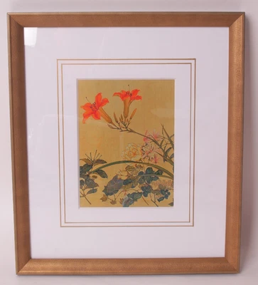 New Pottery Barn Edo Flowers Framed Print #1, gold frame, 15 x 13" - Image 1 of 3