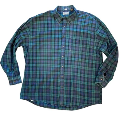 VTG LL Bean Flannel Mens 2XLT Tall Tartan Plaid Green Blue Button Down USA - Image 1 of 4