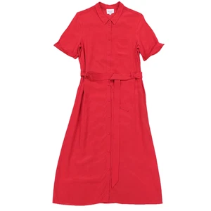 Sezane A-Line Button Up 100% Silk Midi Shirt Dress Belted Red Size 38 (Flaws) - Picture 1 of 18