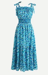 J Crew Midi Dress XXL Empire Blue Blueberry Floral Cotton Poplin Smocked NWT XXL - Picture 1 of 7