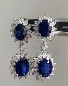 14K White Gold Oval Cut 4.70Ct Certified Natural Blue Sapphire & Diamond Earring - Picture 1 of 7