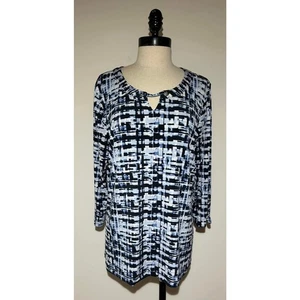 CHRISTOPHER & BANKS Blue Print 3/4 Sleeve Polyester Stretch Blouse Top Womens L - Picture 1 of 7