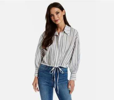 Camisa Drew Kylie Azul Blanco Rayas Botón Frontal Corbata Mezcla de Lino Para Mujer’s M Nueva con Etiquetas Foto 1 de 4