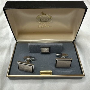Foster Cufflinks & Tie Tack Original Box Rhodium Finish Signed - Picture 1 of 6