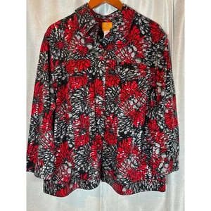 Ruby Rd Woman Floral Print Button Front Shiny Jacket Red Black Gray Red 22W - Picture 1 of 8