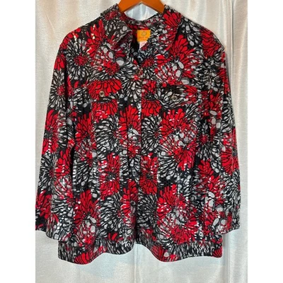 Ruby Rd Woman Floral Print Button Front Shiny Jacket Red Black Gray Red 22W - Image 1 of 4
