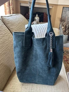 Borse In Pelle Italian Made Bag Hobo Green Suede Silver Hardware, 14x16x6.5” - Picture 1 of 7