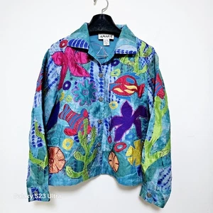 Vintage ANAGE Blue 100% Silk Nautical Embroidered Beaded Shirt Jacket Women’s XL - Picture 1 of 11