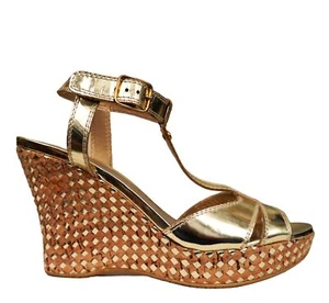 STUART WEITZMAN 8 Mirror Gold Leather and Cork Platform Wedges Heels NEW - Picture 1 of 5