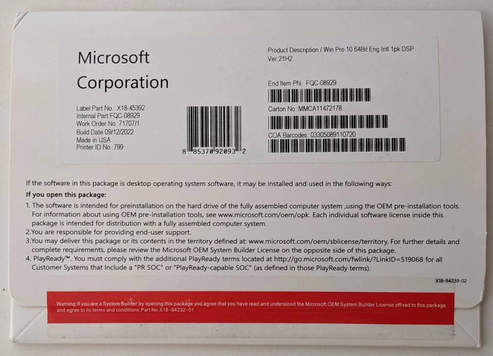 Windows Win 10 pro 64 bit DVD with Genuine License Product Key Brand New Sealed! - Image 1 of 1
