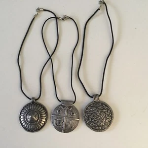 Set Of 3 Ethnic Antique Silver Pendant Necklace Leather Cord Strap,free Postage - Picture 1 of 1