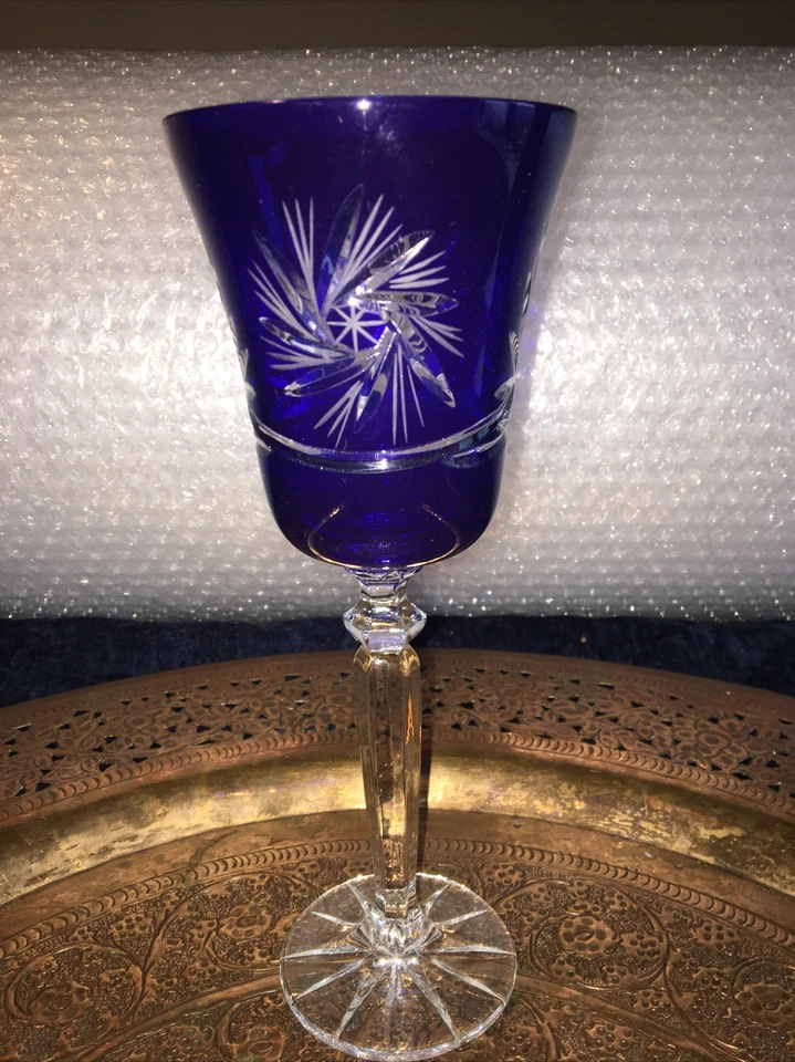 Cut to clear Crystal Wine / Hock Glass / Goblet blue glass cut to clear - Image 1 of 4