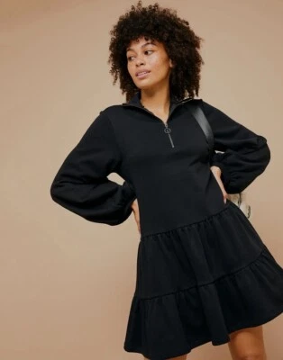 Topshop Women's Black Sweatshirt Fleece Short Dress With Peplum Hem Zip Size 10 - Изображение 1 из 4