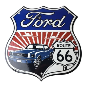 Vintage Ford Motors Sign - Porcelain Route 66 Mustang Gas Pump Shield Sign - Picture 1 of 14