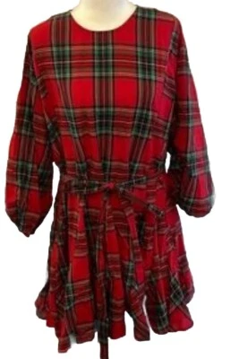 Plaid Red Green Women’s Belted Button Long Sleeve Shirt Dress Holiday Small - Image 1 of 4