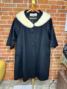 Vintage Lilli Ann 1950's Womens Classic Black Wool Fur Collar Long Coat 100%Wool - Picture 1 of 10