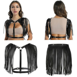 Womens PU Leather Chest Harness Belt Fringe Tassels Suspender&Dress Tassel Skirt