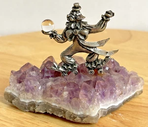 Pewter Figurine Clown On Roller Skates Crystal Ball Amethyst Geode Rock Purple - Picture 1 of 10