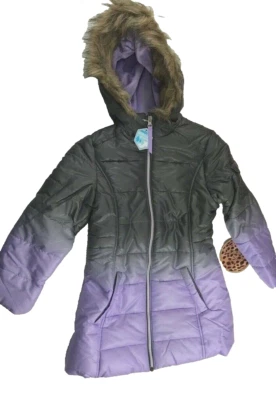 Cheetah Outerwear Girl's Ombre Puffer Jacket w faux fur lined Hood, Gray, 6X - Imagem 1 de 4