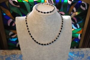 Faceted Oval Cut 18" Dark Sapphire Necklace/ Matching Bracelet/ Set in Sterling