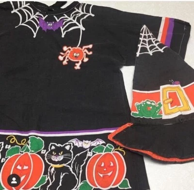 Vintage Handmade Toddler Girls Halloween Witch Coutume and Hat Screen printed - Image 1 of 4