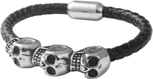 Herren 8 Zoll Edelstahl Biker Punk schwarz Totenkopf Köpfe Seil Lederarmband - Bild 1 von 21