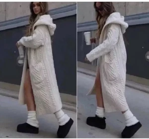 ZARA LONG CABLE-KNIT COAT WITH HOOD ECRU NEW FW24 SIZE M REF. 3653/108 - Picture 1 of 5