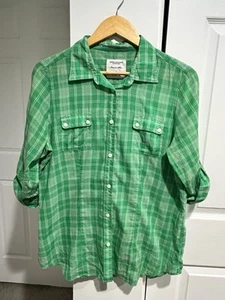American Eagle Favorite Shirt Green Plaid Button Up Womens Sz 14 Roll Tab Sleeve - Picture 1 of 8
